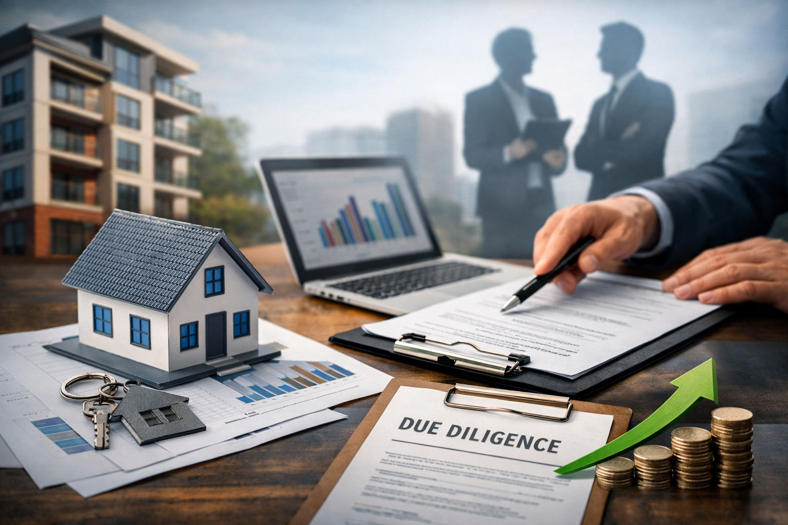 Buyer reviewing financial documents and performance reports during due diligence for a property management business sale.