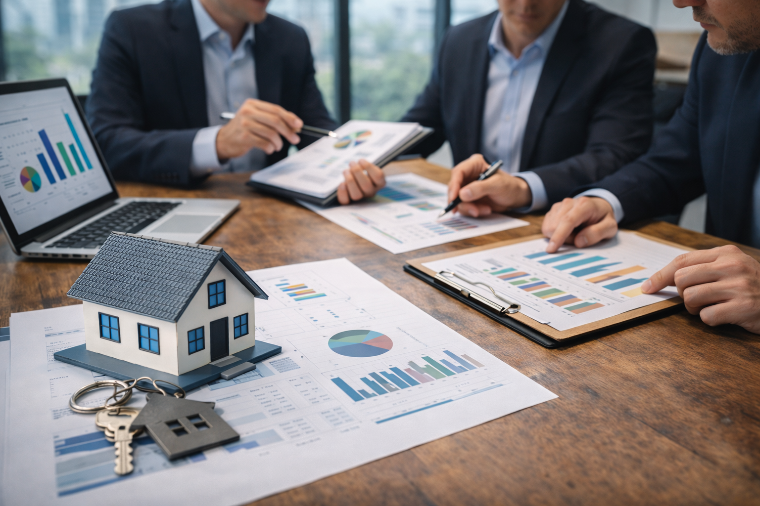Buyers reviewing financial reports and portfolio data during property management business due diligence meeting.