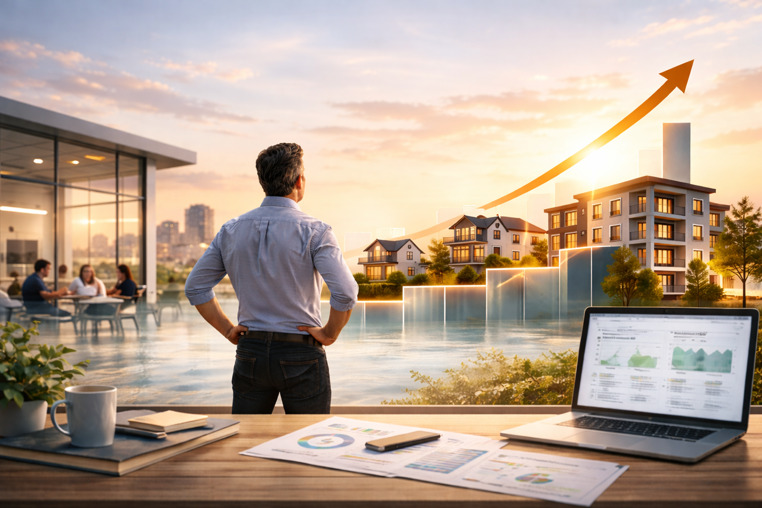 Property management business owner reviewing portfolio growth strategy with increasing residential properties and upward performance trend.