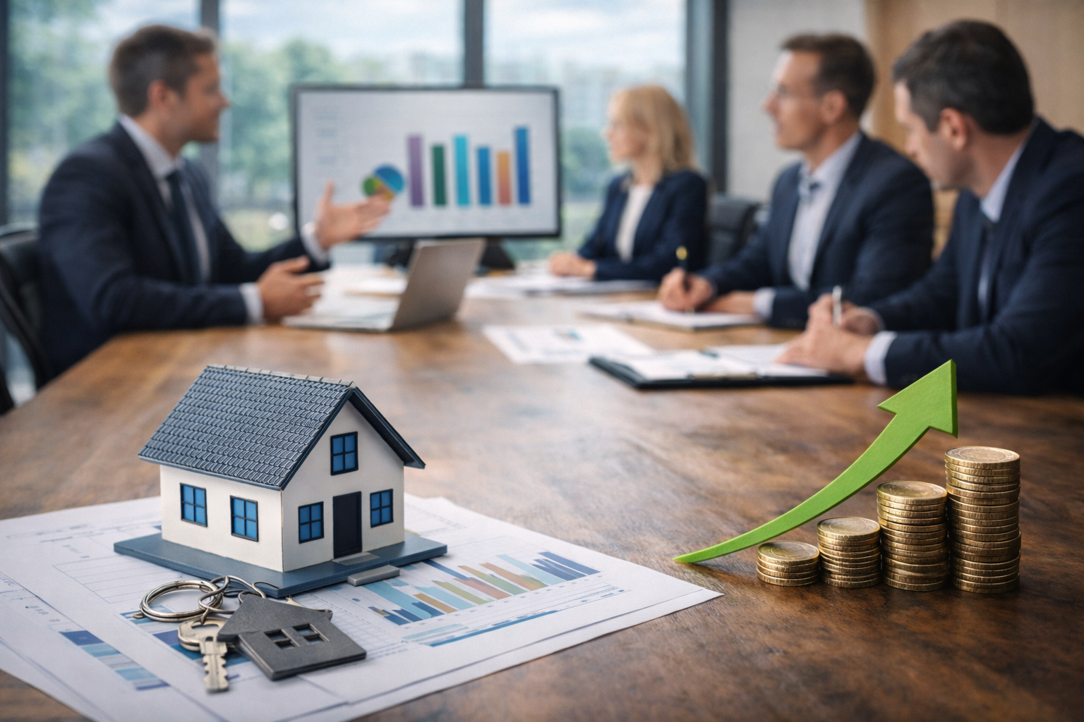 Property management business growth strategy meeting with financial charts, model home, and revenue analysis on conference table.