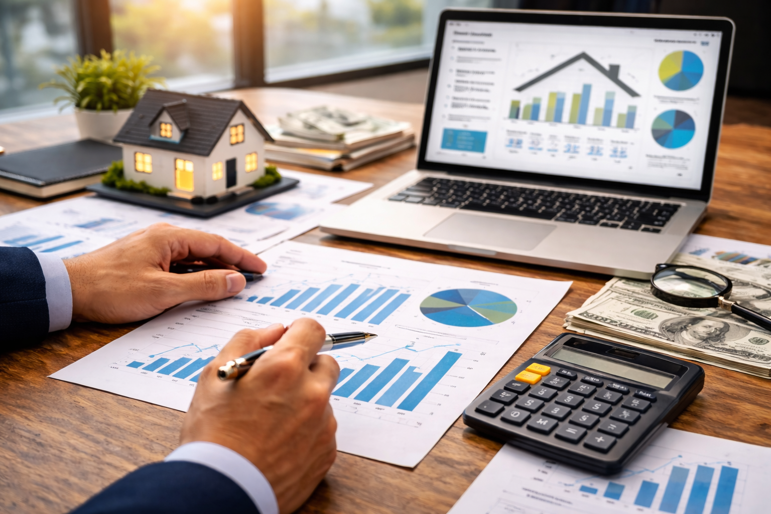 Business owner reviewing financial charts and reports while planning the exit strategy for a property management company.