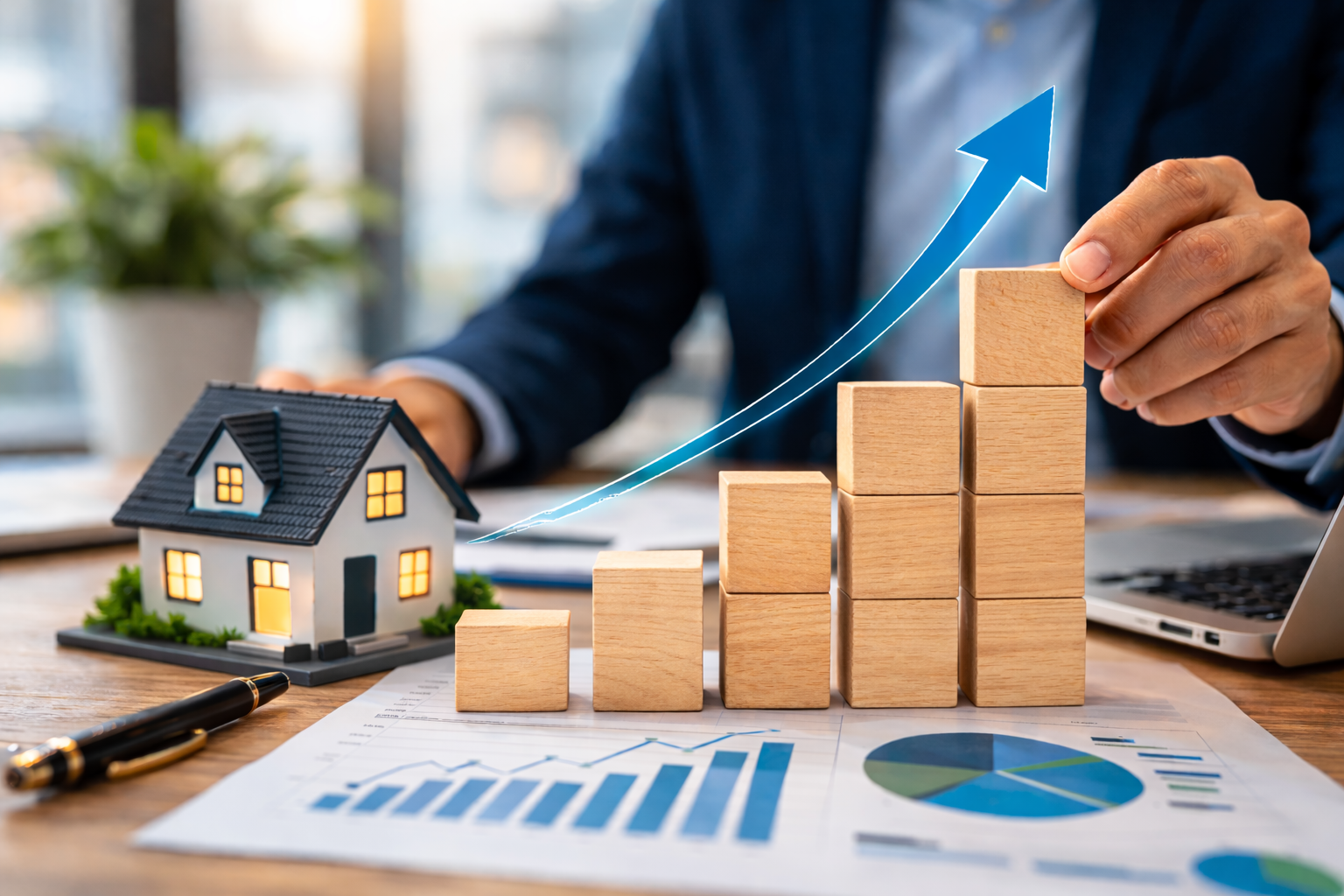 Stacked wooden blocks representing business growth beside a model house and financial charts for property management strategy.