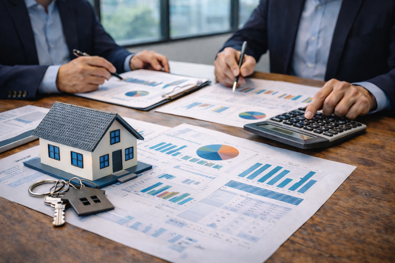 Advisors reviewing financial charts and documents while evaluating a property management business valuation.