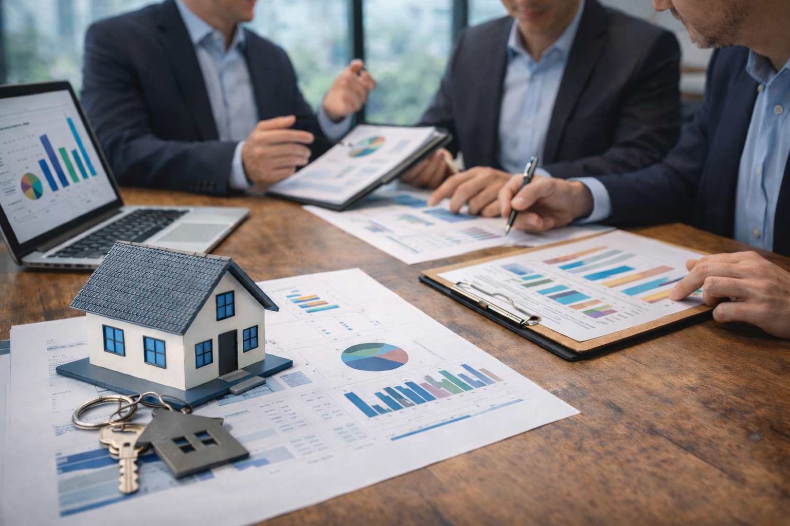 Advisors reviewing financial reports and portfolio data during property management business sale planning.